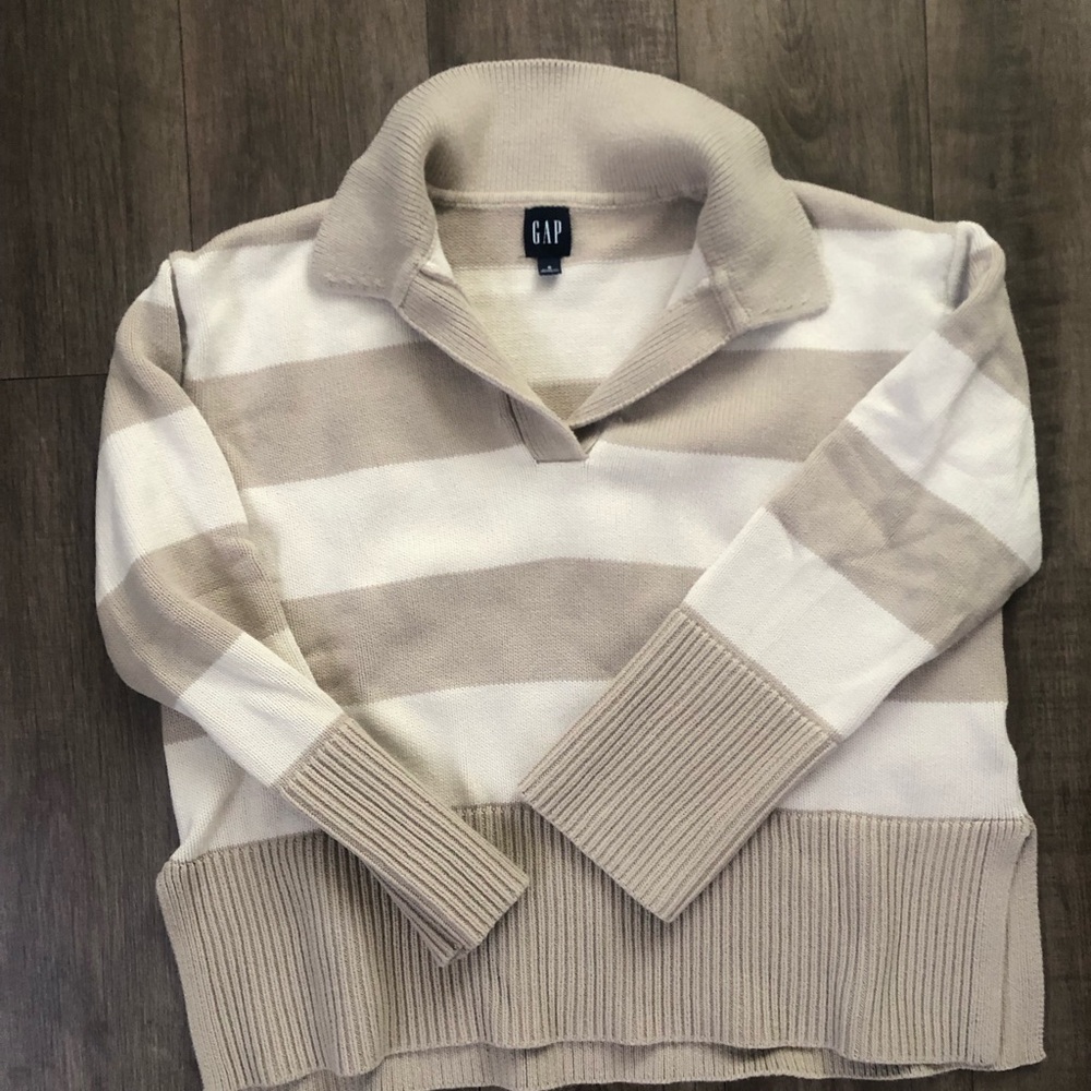 GAP Neutral Stripe Shawl Collar Sweater in Cream and Tan
